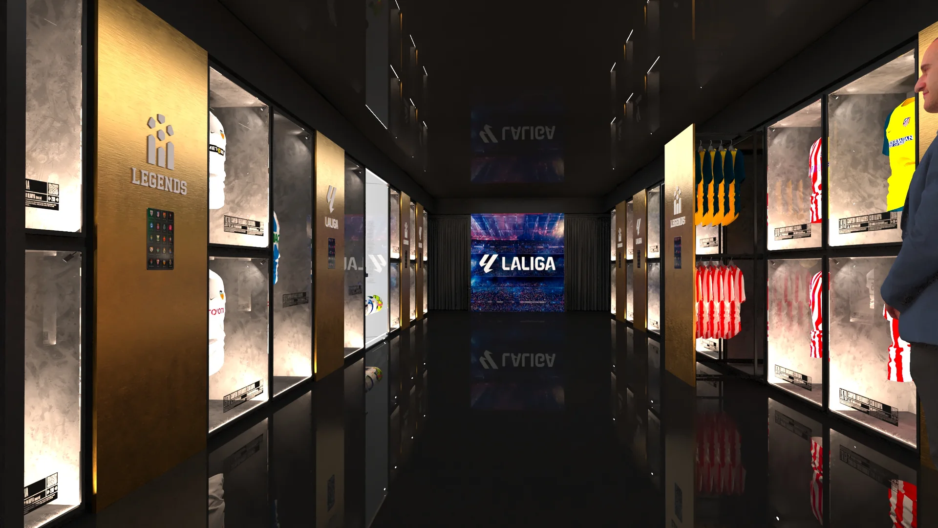 Legends · LaLiga: propuesta de diseño 3D de Twinside. Vista general del espacio de marca con expositores.