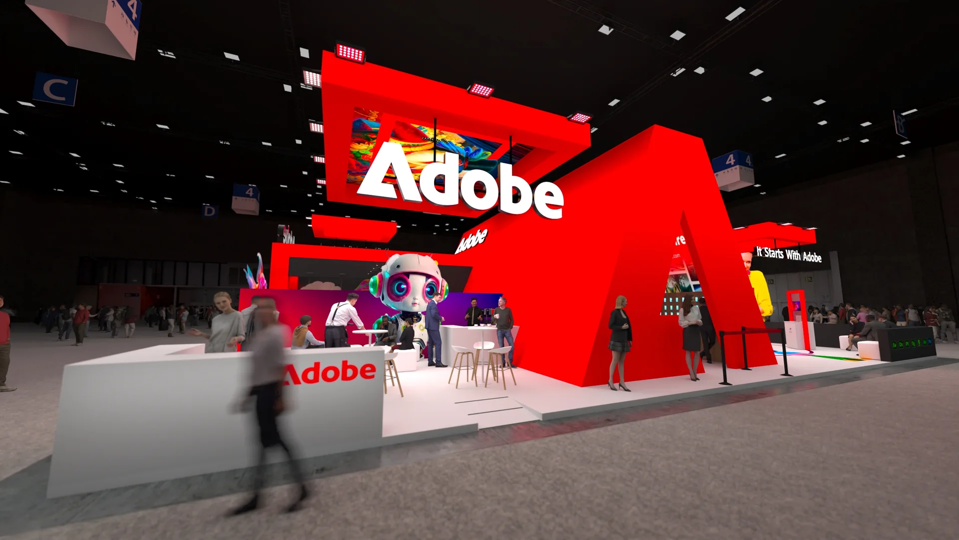 Render del stand de Adobe para MWC: vista general del stand con volumen rojo y recepción.