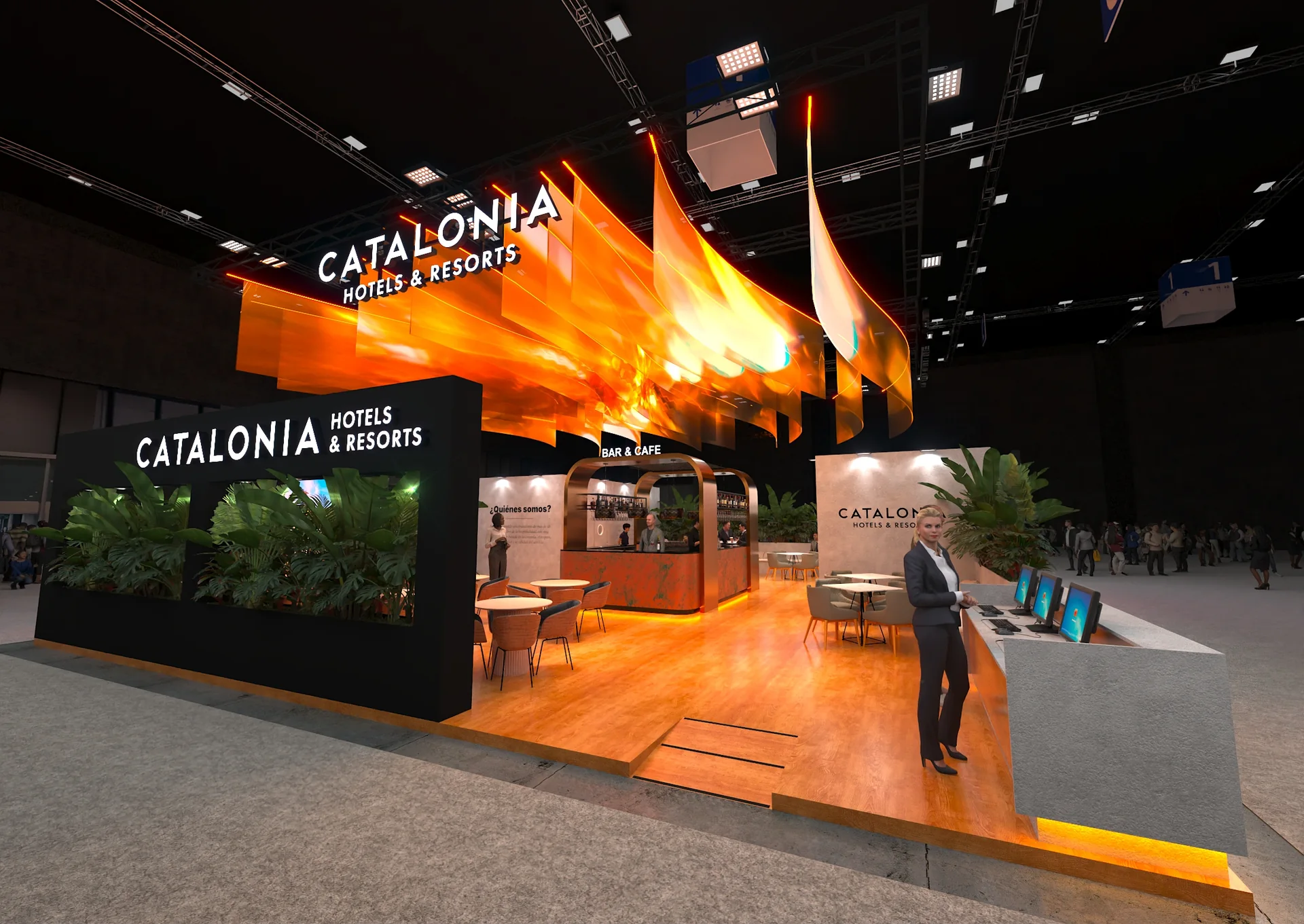 Render del stand de Catalonia Hotels & Resorts para FITUR: vista general del stand con recepción y elementos suspendidos.