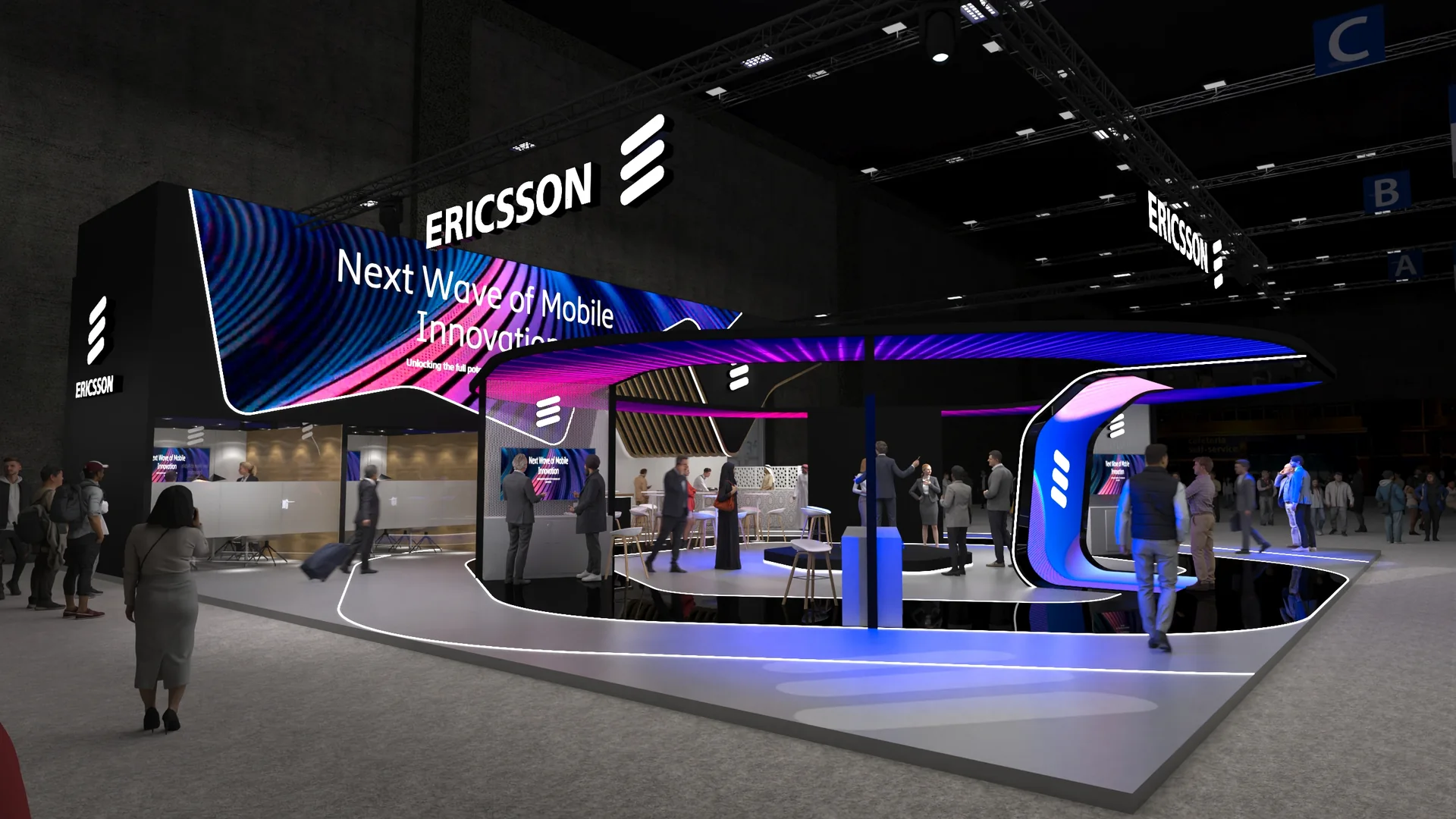 Render del stand de Ericsson para LEAP: vista general del stand con estructura curva y pantallas.