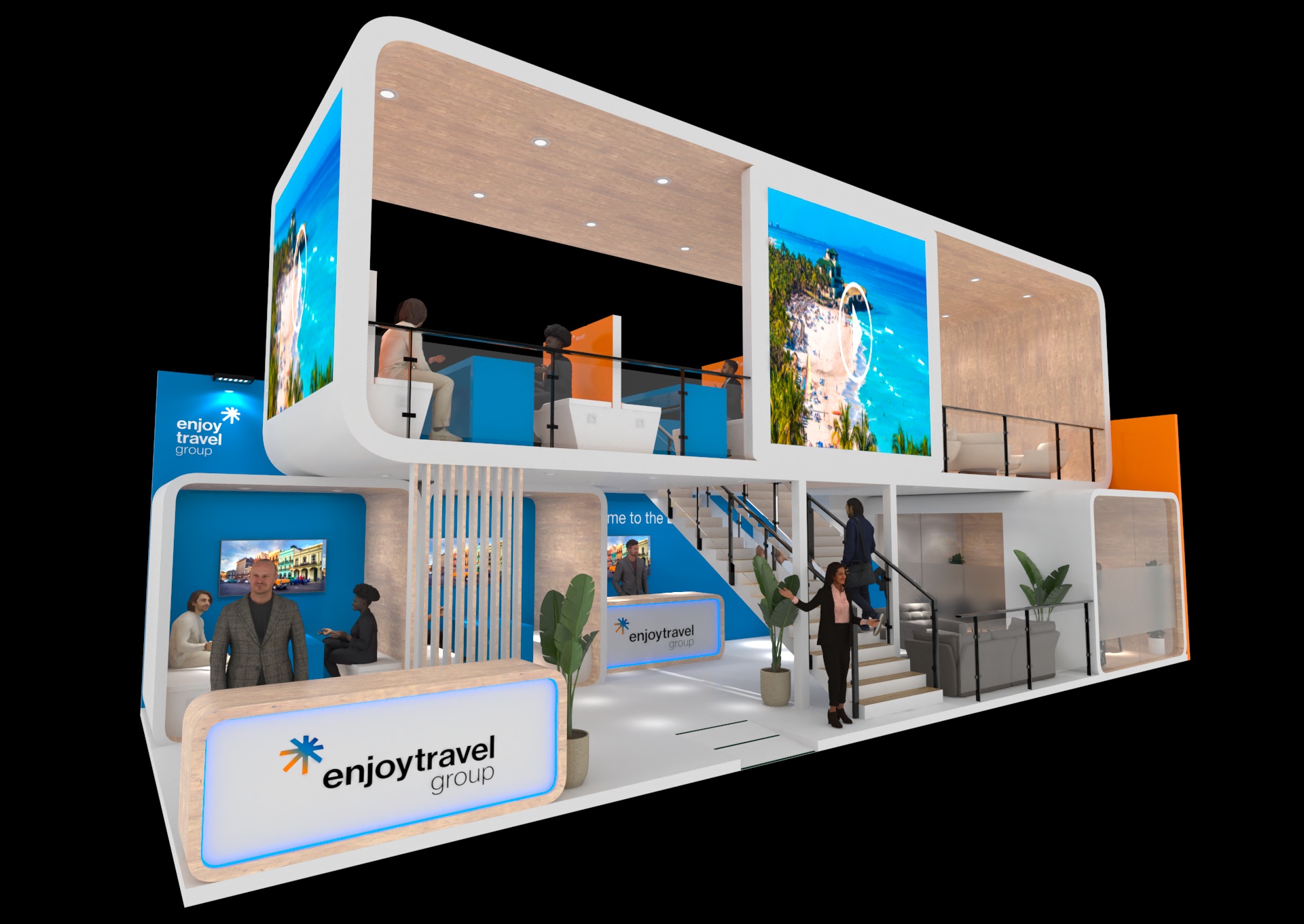 Enjoy Travel en FITUR: render del stand de doble planta con recepción y escalera